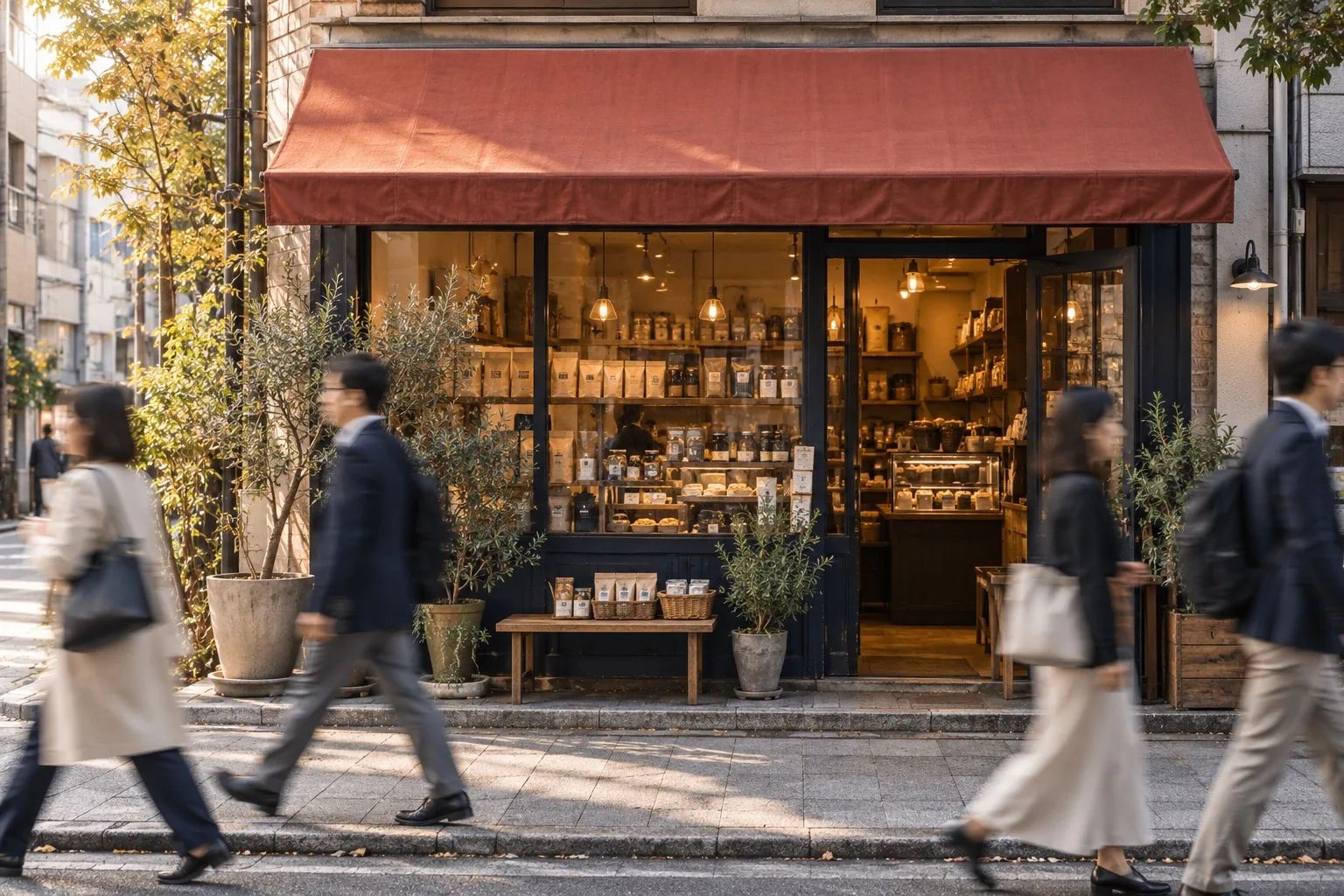 街を行き交う人と、小さな店舗の外観。認知を広げる接点のイメージ。AI生成。