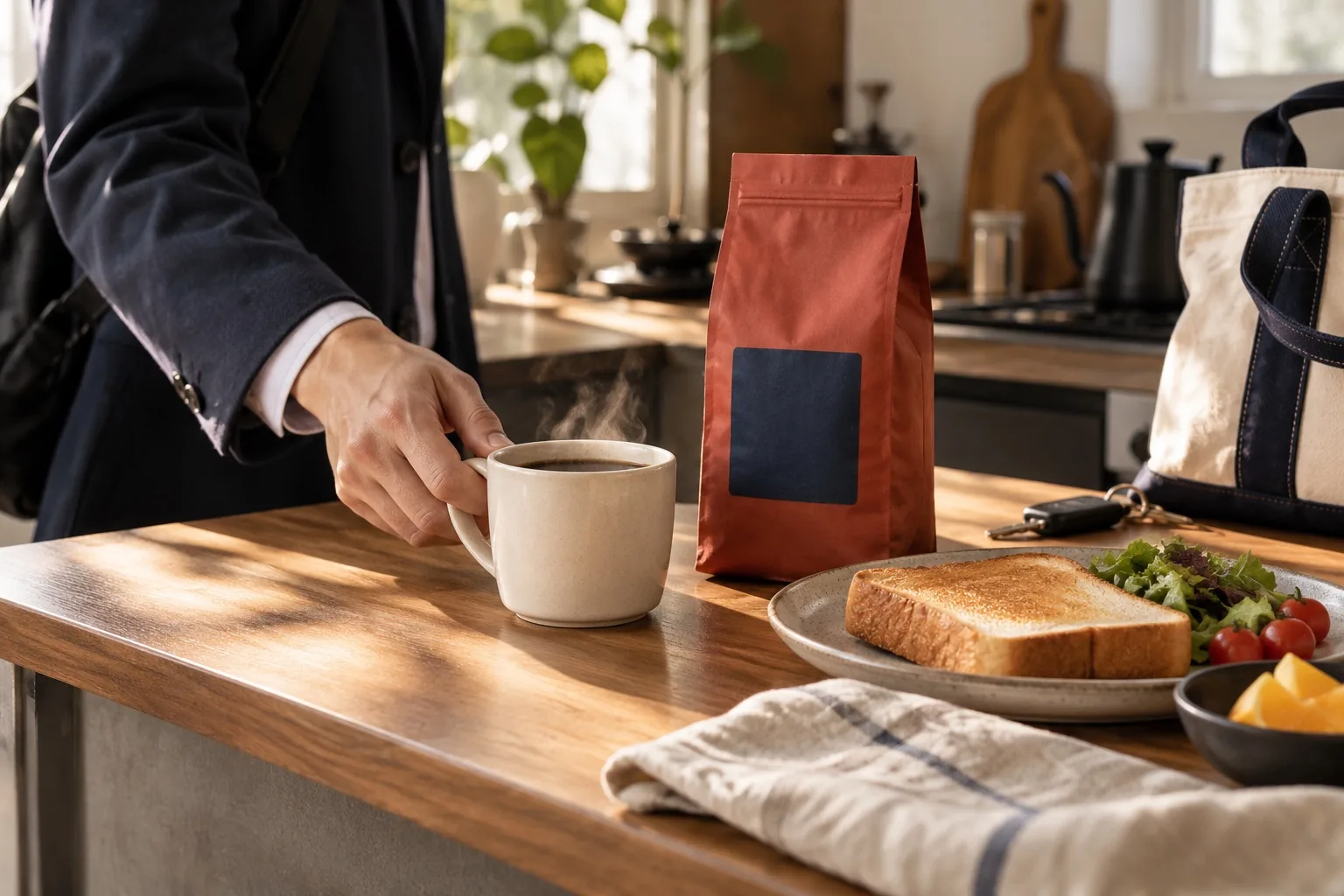 出勤前の朝食とコーヒー。商品が必要になる日常の場面のイメージ。AI生成。