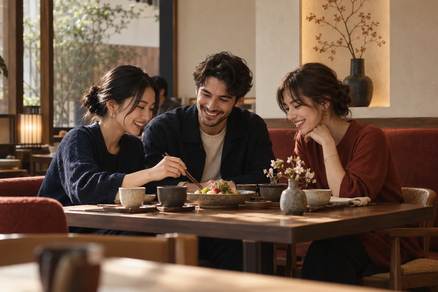 日本の食文化を楽しむ来店客。新しい顧客との接点のイメージ。AI生成。